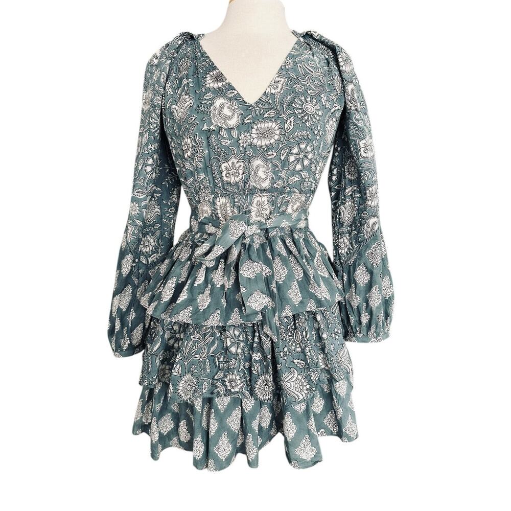 NEW Marea Cotton Cala Azul Grace Ruffle Flounce Long Sleeve Mini Dress Size XS